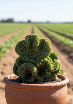 Striking fasciated haworthia succulent displaying crested growth, planted in a clay pot, thriving outdoors in a sunny agricultural farm environment, environment, natural, unusual