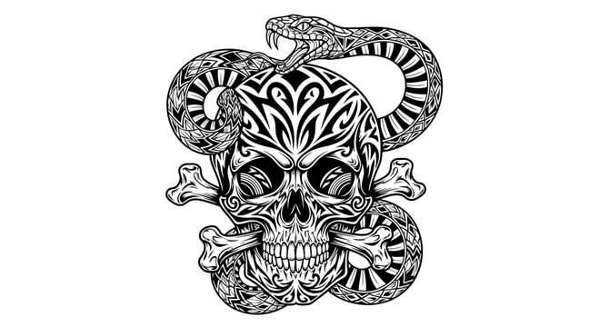 Tribal Skull with Snake and Bones - Tattoo Art