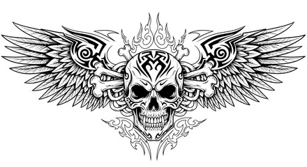 Obraz premium Tribal Winged Skull Tattoo Design with Flames and Bones