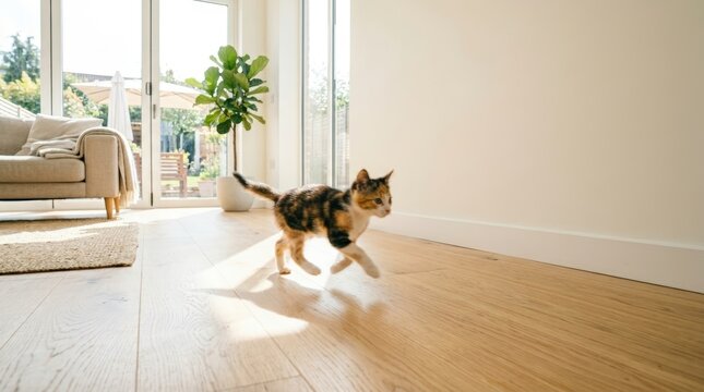 Playful Kitten Running Across Bright Living Room Floor