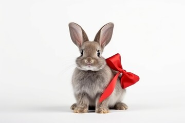 Obraz premium Adorable fluffy rabbit sitting with a festive red ribbon on a white background