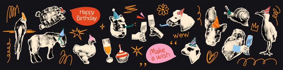 Funny animals celebrating birthday halftone collage elements set. Humor stickers with cut out pets, cute doodles, clinking glasses and scribbles. Modern retro mixed media vector illustration isolated © ugguggu