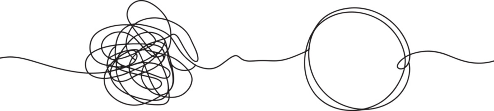 Abstract line art of tangled chaotic scribble transforming into smooth simple circle representing problem solution.