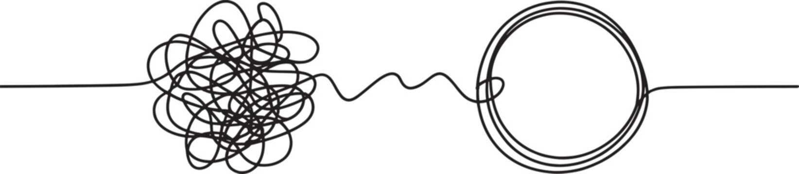 Concept of tangled and straight line drawing depicting chaos to order problem solving process.