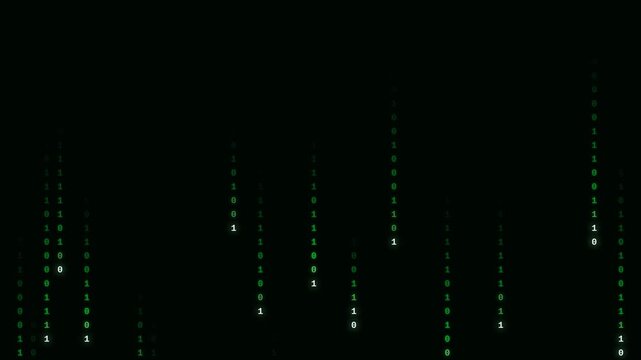 Binary code rain: falling digital data stream with glowing green trail on dark background, cyber hacker animation
