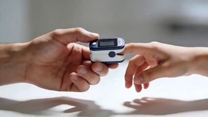 Fototapeta premium Close-up of a pulse oximeter device placed on a finger to measure oxygen saturation and heart rate. Clean medical scene representing health monitoring and patient care.