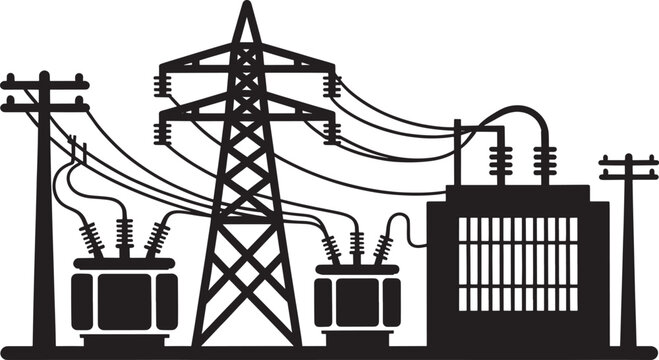 Electrical substation with power lines and transformers vector illustration isolated on transparent background.