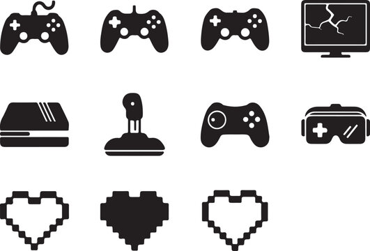 Video game icon set with 11 black silhouettes, gaming controller and console vector graphics, pixel art hearts and vr headset symbols