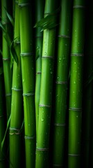 Obraz premium Fresh Green Bamboo Forest Stems with Water Droplets Close Up for Spa and Wellness Background