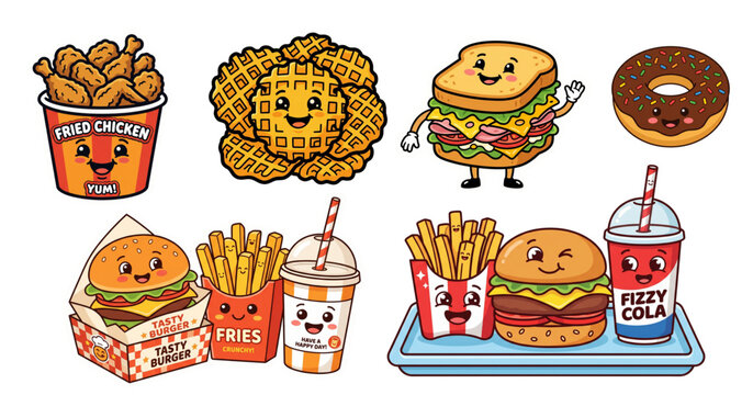 Cute Kawaii Fast Food Characters: Chicken, Burger, Fries, Waffles, Donut & Soda Drinks