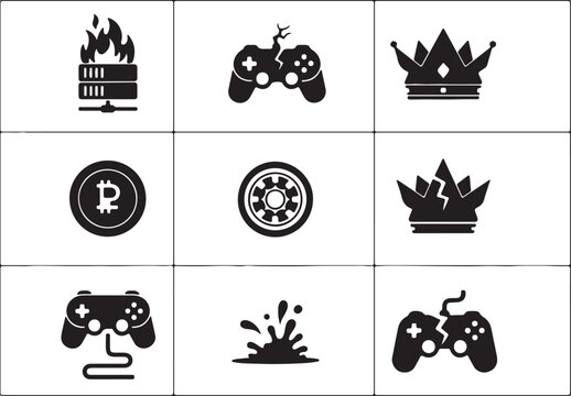 Black gaming icons set, broken controller and burning server vector symbols, esports failure and game over concept elements for UI design