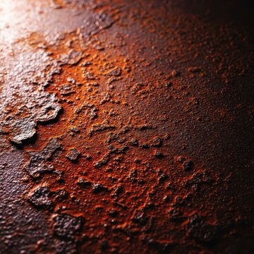 Heavily rusted, pitted steel plate showing years of environmental exposure and industrial decline. Thick layers of oxidation create abstract patterns, rusty, scrap, vintage