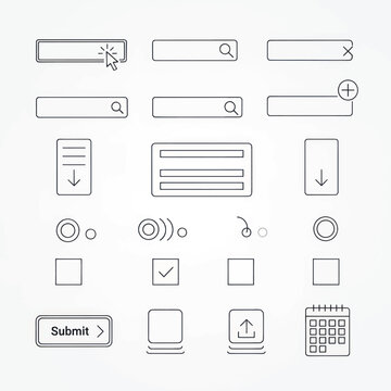 Set of vector UI elements including buttons forms search bars and icons for web and app design.