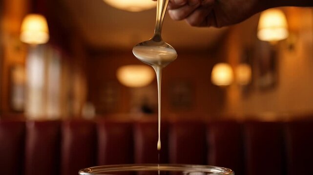 Hand stirring creamy ice cream soda mixture in a glass bowl. Cozy restaurant interior with warm lighting.
