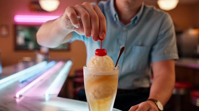 Crafting a delightful ice cream soda with a cherry topping. A classic diner setting for a sweet treat.