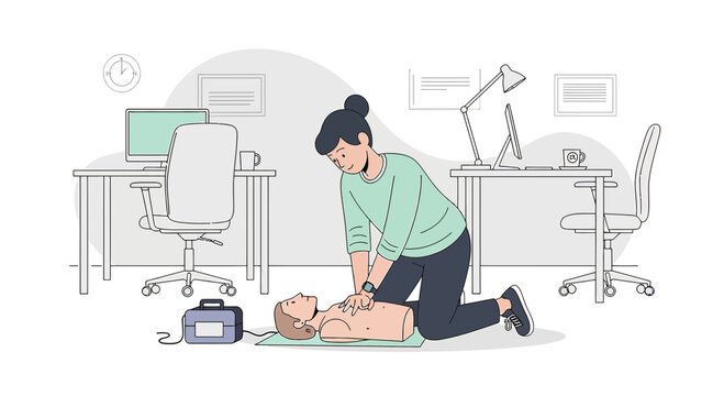 CPR training in office: woman performs chest compressions on dummy, AED nearby