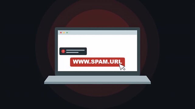 Animated illustration of a laptop showing a malicious spam url link on a browser window with a warning alert.