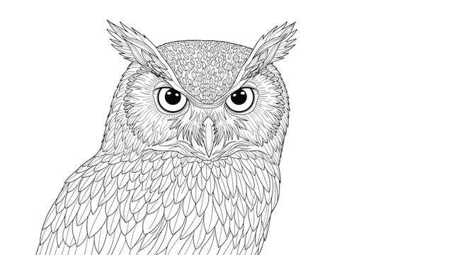 Intricate black and white line drawing of a great horned owl head showing detailed feathers and large intense eyes for coloring.