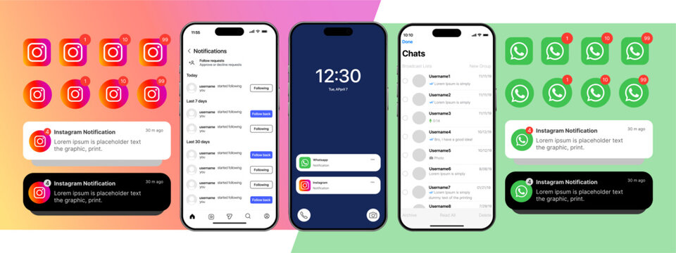 Instagram, WhatsApp  iOS 26 update with liquid glass notifications, mobile app UI screens, and lockscreen alert elements in clean vector design for social media interface and mockup use.