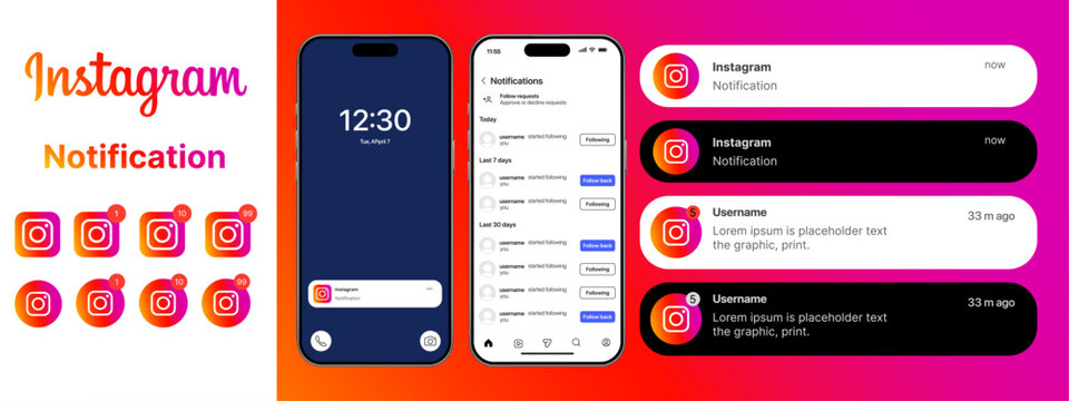 Instagram iOS 26 update with liquid glass notifications, mobile app UI screens, and lockscreen alert elements in clean vector design for social media interface and mockup use.
