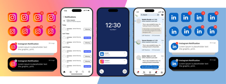 Instagram, Linkedln  iOS 26 update with liquid glass notifications, mobile app UI screens, and lockscreen alert elements in clean vector design for social media interface and mockup use.