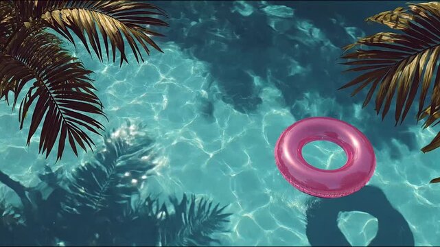 Pink inflatable ring floating on turquoise pool water with palms
