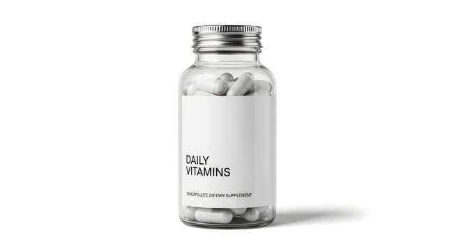 Clear Glass Bottle of Daily Vitamins Capsules on White Background.