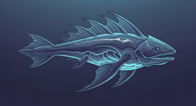 Stylized illustration of a formidable deep-sea fish with glowing features and sharp fins, depicted in a dark blue aquatic environment.