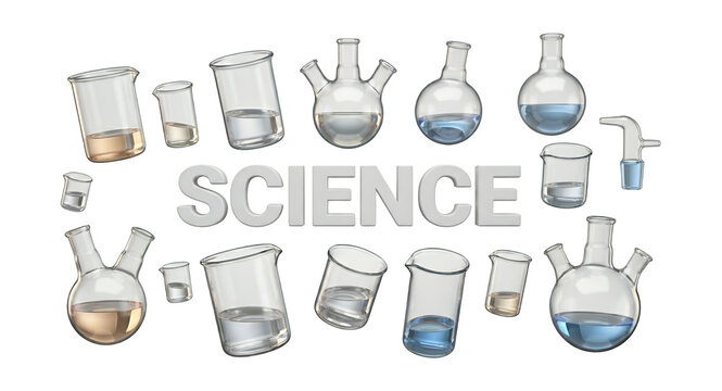 3D laboratory beakers and flasks science equipment isolated on white background