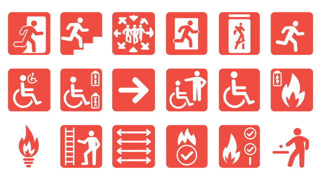 Emergency exit and safety signs vector illustration showcasing fire exit icons, evacuation route indicators, and standardized safety symbols suitable for workplace regulations, signage, and emergency 