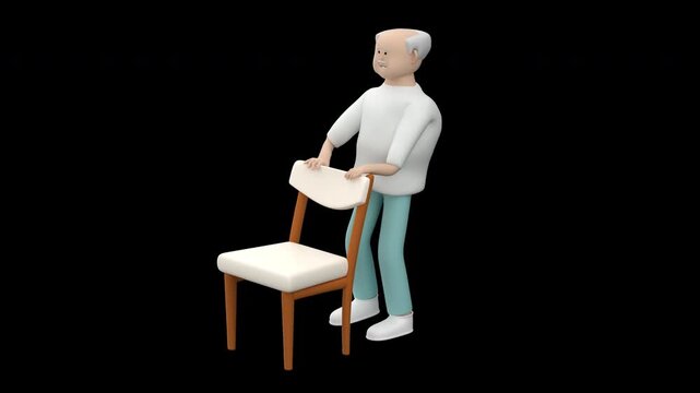 Loopable animation of an elderly man doing marching exercises beside a chair, 3d render with an alpha channel.