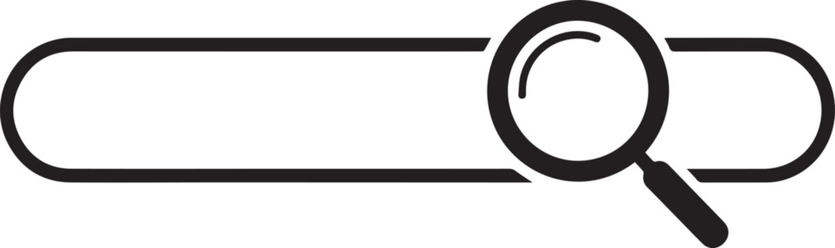 Magnifying glass icon sits on a horizontal search bar representing digital navigation and information retrieval.