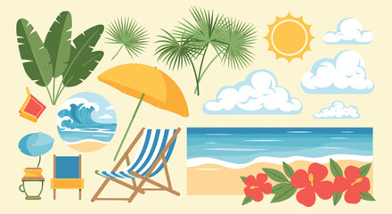 Obraz premium Tropical summer beach vacation elements set with sun palm leaves umbrella deck chair ocean waves and hibiscus flowers flat design vector illustration