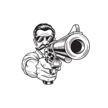 Close-Up of a Man Aiming a Revolver Directly at Viewer &mdash; Intense Thriller Action Ink Vector Portrait