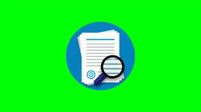 Animated magnifying glass scanning a stack of business documents for audit and inspection purposes