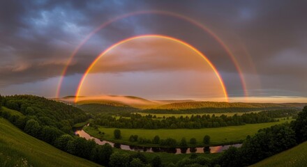 Fototapeta premium Sunset over rolling green hills.