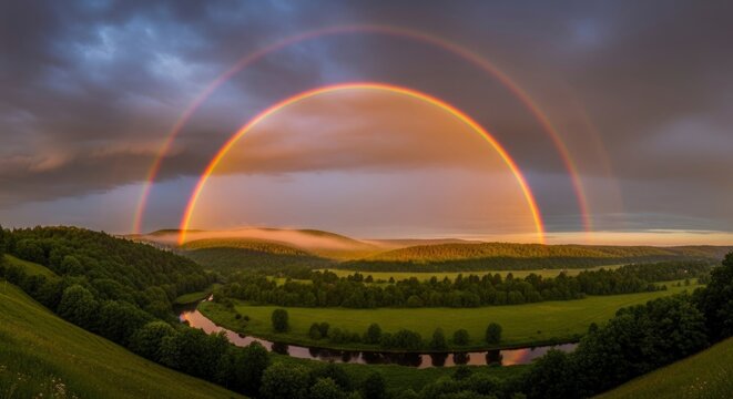 Sunset over rolling green hills.