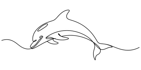A single continuous line drawing of a playful dolphin jumping through the ocean wave on a clean white background. Vector, illustration © Creative_Outline2019