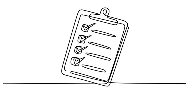 A single continuous line drawing of a clipboard with a completed checklist of four items on a plain background. Vector, illustration