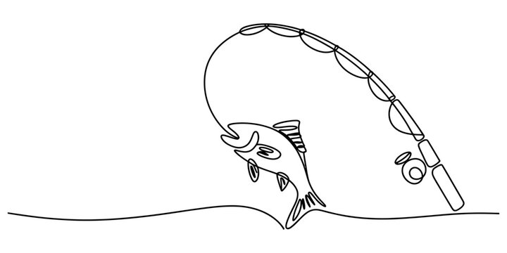 A single continuous line art drawing of a fish being caught on a fishing pole against a plain white background. Vector, illustration