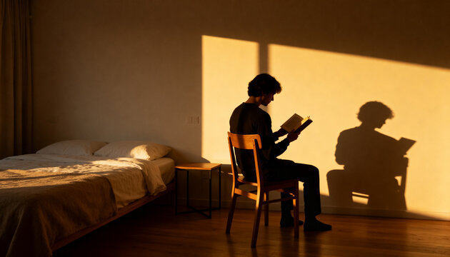 Silhouette of Young Man Sitting on Chair and Reading a Book in Bedroom during Golden Hour Sunset with Strong Shadow on Wall