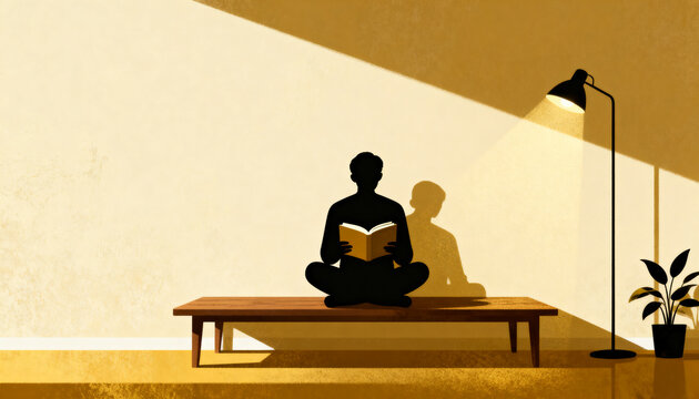Silhouette of Man Sitting Cross Legged on Wooden Bench Reading a Book Under Floor Lamp, Minimalist Cozy Room Illustration