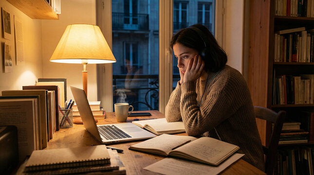 Young Woman Wearing Headphones Studying with Laptop and Notebooks at Desk at Night, Cozy Room with Warm Lamp Light