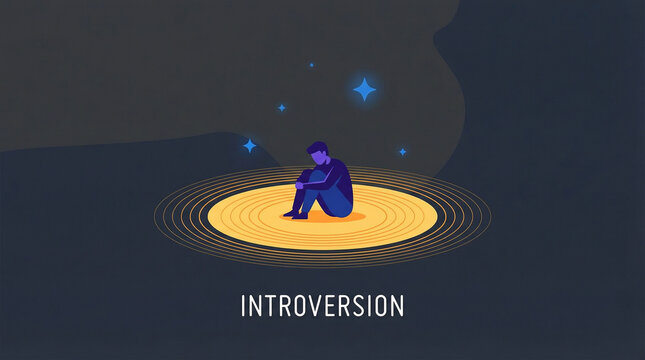 a sad man sitting alone inside a glowing yellow circle with introversion text, depicting loneliness, depression, and mental health isolation.