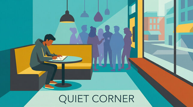 a man writing at a table in a quiet corner of a busy cafe, depicting introversion, concentration, and personal space.