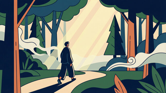 Modern flat illustration of a man walking alone on a winding path through a peaceful green forest with warm sunbeams and soft mist.