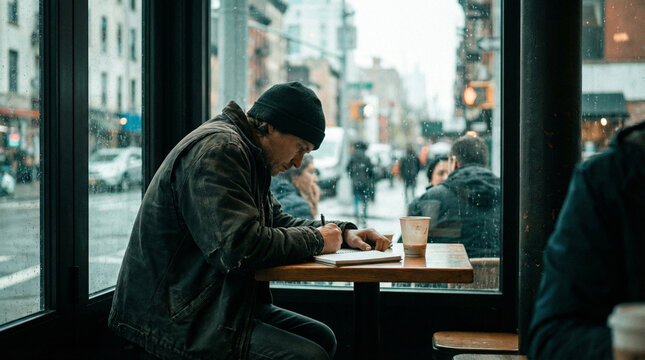 Man wearing a beanie sitting by a window in a cafe writing in a notebook on a rainy day