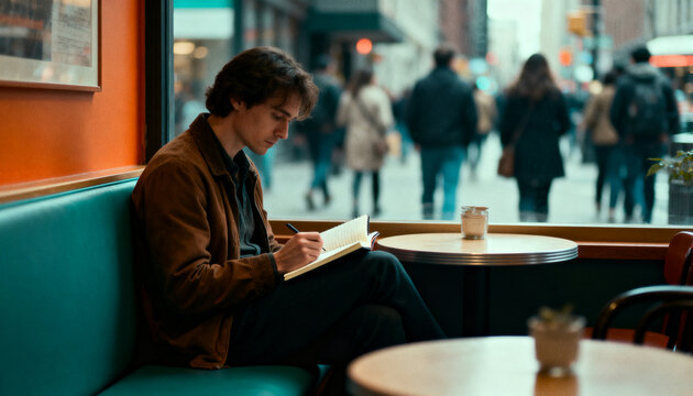 Young man sitting on a booth by a window writing in a notebook inside a city cafe