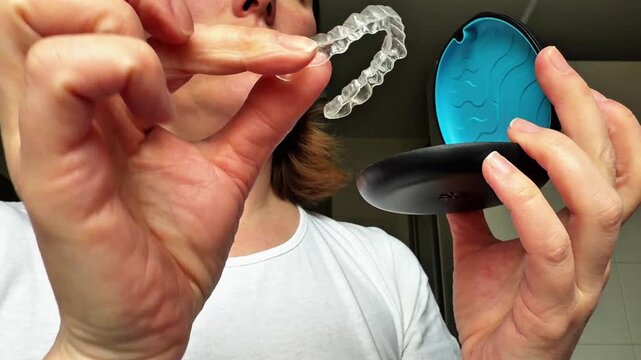 Woman holding transparent dental aligner next to her face while looking at blue mirror case, orthodontic self-care. invisible braces, dental routine.