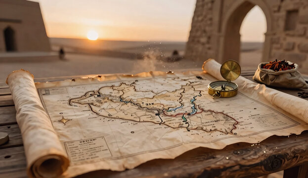 : Ancient Silk Road Map and Explorers Compass